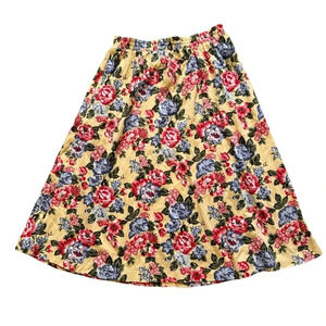 Talbots Floral Yellow Pink Blue Midi Skirt Cotton Elastic waistband A-line PS